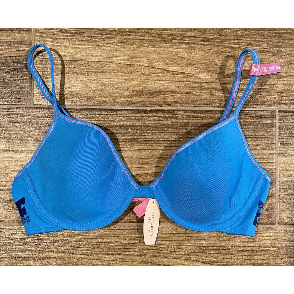 Victoria's Secret PINK University T-shirt bra 36B NWT Aqua Blue Vintage